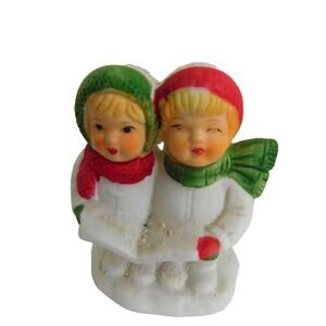Vintage Christmas Young Carolers Ceramic Bisque Candlestick Holder